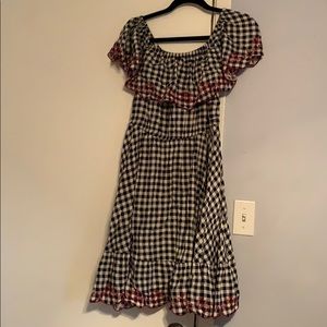 Embroidered Gingham Off the Shoulder Skater Dress